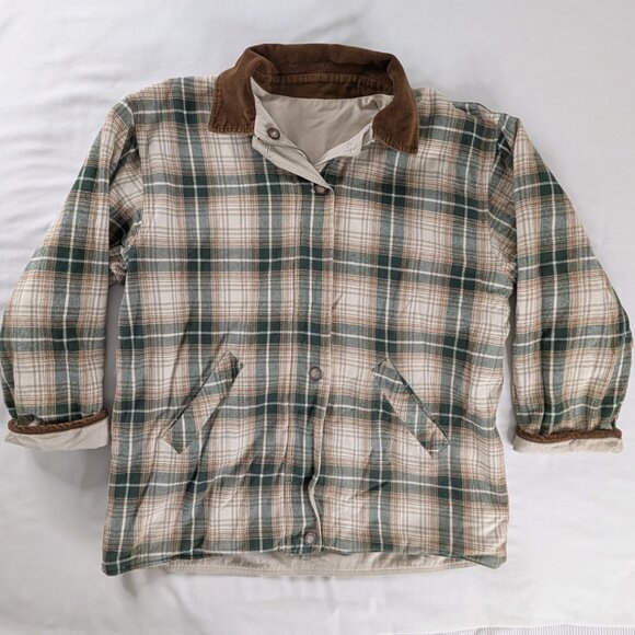 VTG Reversible Green Cream Brown Plaid Khaki Collared Chore Coat Barn Jacket - Picture 1 of 9